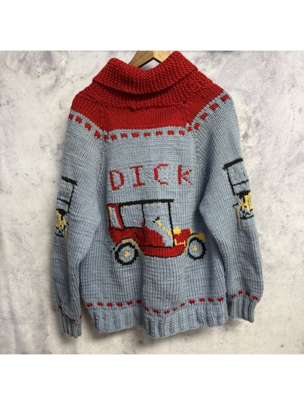 VTG 50s 60s Hand Knit Antique Car Cardigan Sweater Wool Cowichan